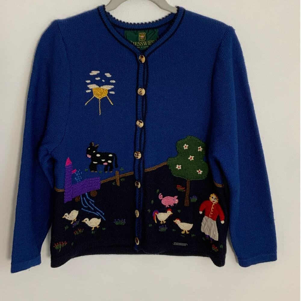 Giesswein boiled wool‎ cardigan size 10 farm pig chicken farmers